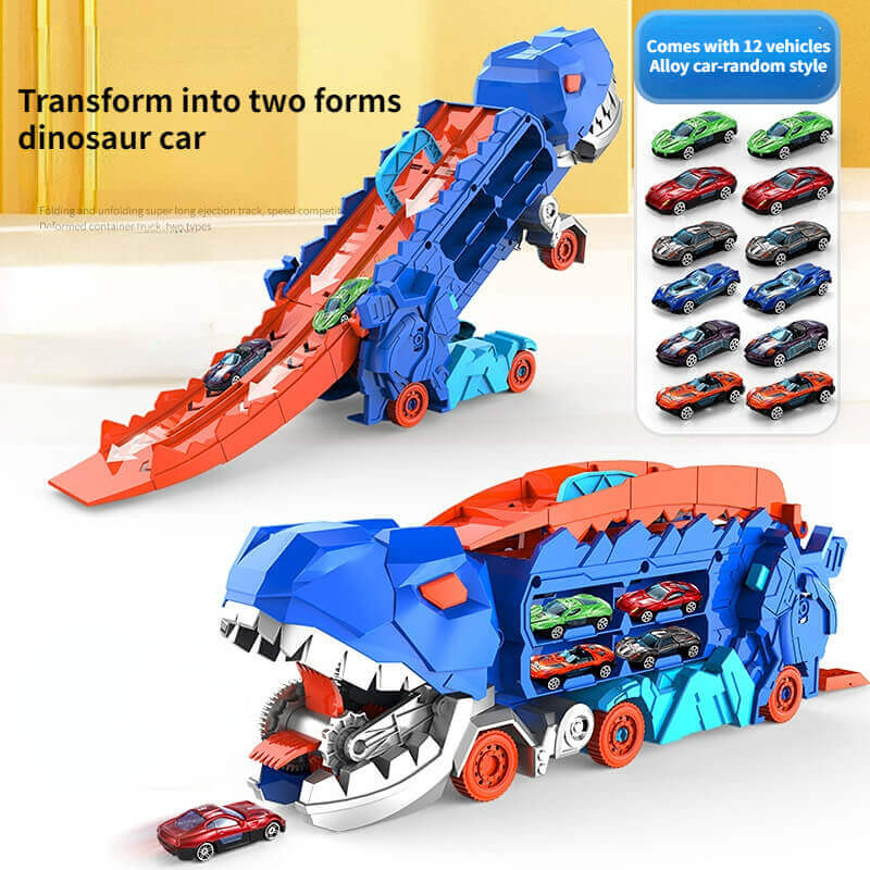 Camion transporteur de dinosaures avec circuit de course et petites voitures pour enfants - Transporteur T-Rex transformable 3-en-1 pour garçons et filles