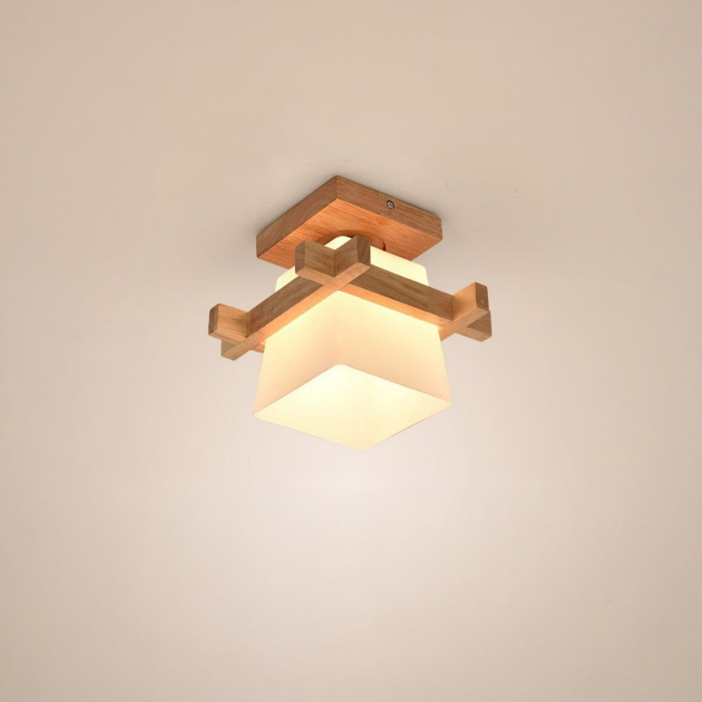 Square Flush Mount Ceiling Light Fixture with Wood Accent, White Shade, E27 Socket for Bedroom, Hallway, Living Room, Minimalist Home Lighti
