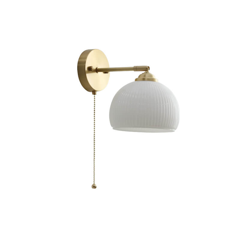 Pull Chain Wall Sconce with Striped Glass Shade – Single-Bulb Hardwired Fixture for Bedroom, Living Room, Hallway