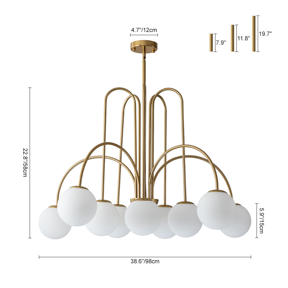 Ten-Globe Adjustable Chandelier 38.6 in Wide Frosted Glass Spheres Black Brass Chrome Modern Dining Room Foyer Statement Lighting Mid-Centur