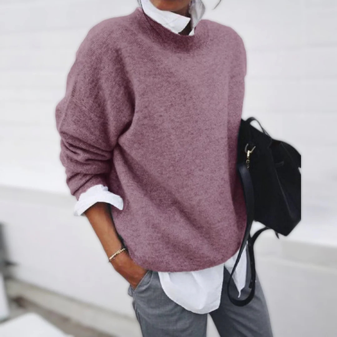 Women's Relaxed Pullover Sweater in Soft Polyester – Crew Neck Long Sleeve Casual Top for Everyday Comfort & Layering Year-Round