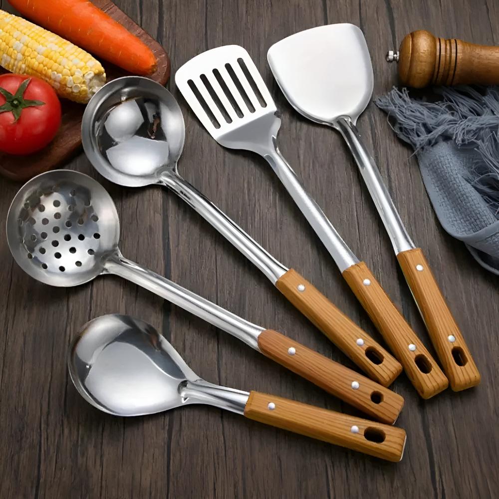 5-Piece Cooking Utensil Set with Wood Handles - Stainless Steel Serving Spoons Spatula Ladle for Nonstick Pans