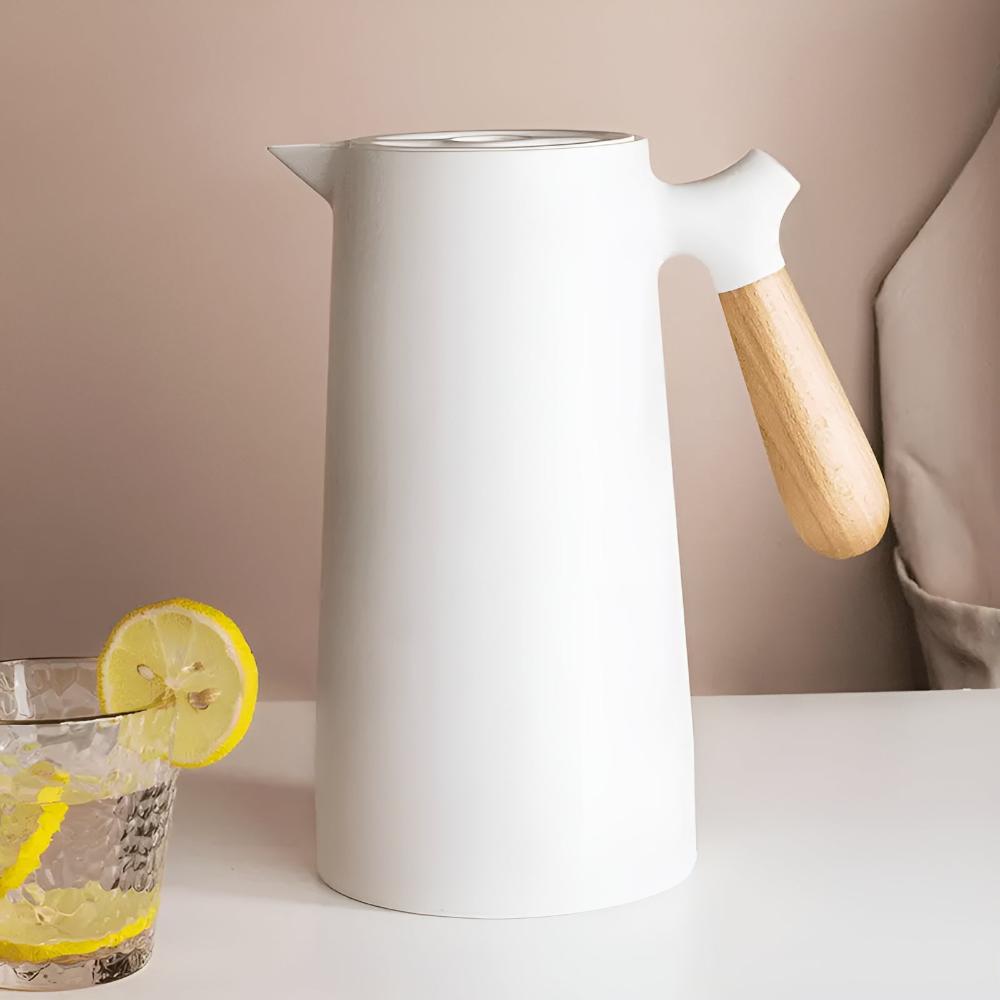 Insulated Beverage Carafe 34 oz Stainless Steel with Natural Wood Grip for Coffee Tea Water Hot Cold Drinks Kitchen Office Dining Room Deskt