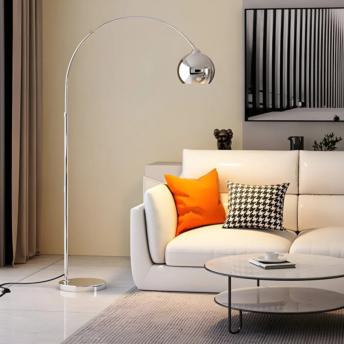 Lampadaire arqué chromé avec abat-jour dôme, 180 cm, douille E27, interrupteur à pied