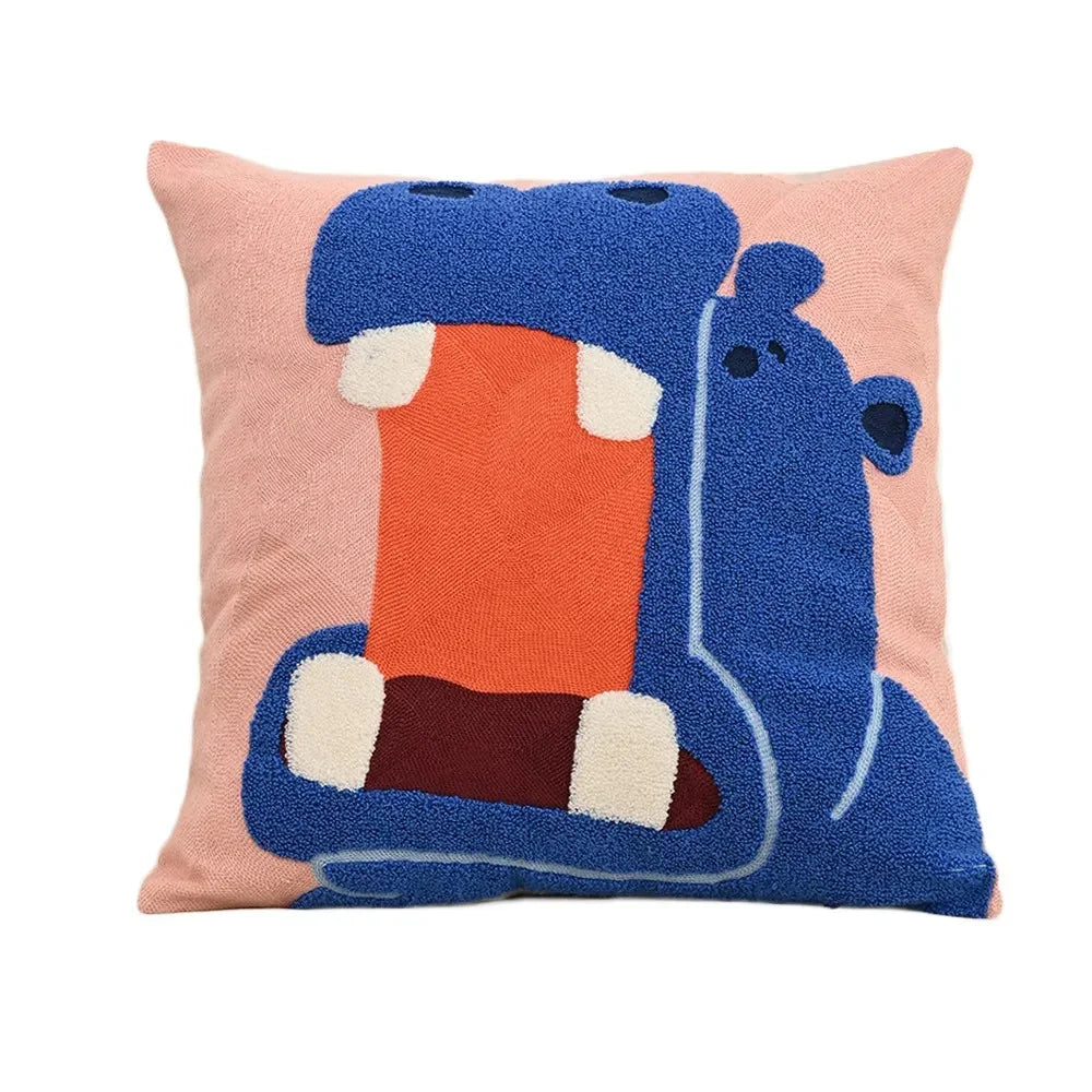 Embroidered Throw Pillow Cover 18x18 Inch Square Animal Motif Scandinavian Style Cotton Poly Blend Slipcase Sofa Bedroom Decor Couch Accent