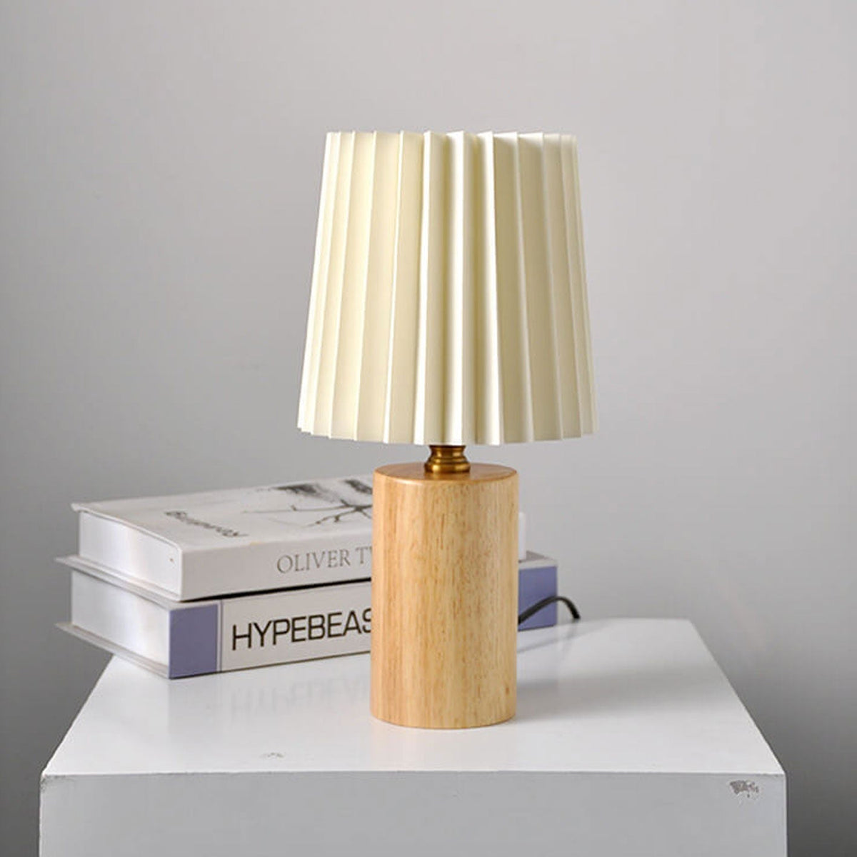 Nightstand Lamp with Pleated Shade Wood Base 12 in Tall USB or E26 Socket Soft Ambient Light for Bedroom Office Reading Scandinavian Modern