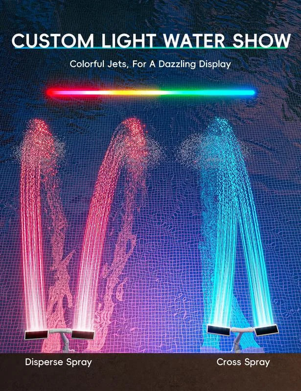 Fontaine solaire dynamique pour piscine avec lumières LED RVB et télécommande | Design à double arche pour des effets nocturnes saisissants