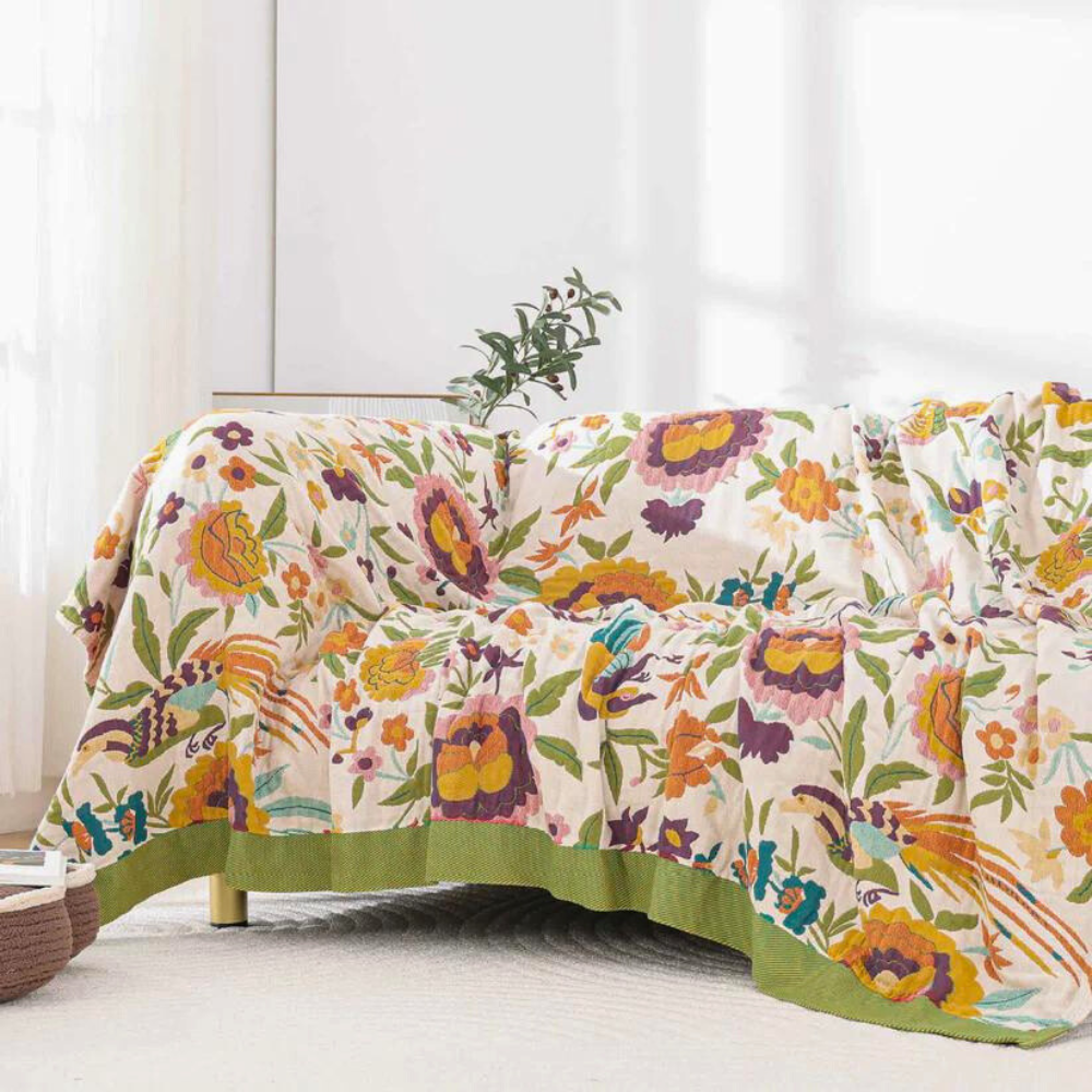 Couvre-lit Serene Soft Blossom – 100 % gaze de coton, motif floral réversible