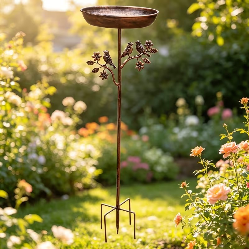 Metal Bird Bath on Garden Stake with Vintage Copper-Tone Finish for Yard & Patio, Easy Assembly Outdoor Birdbath Bowl for Songbirds