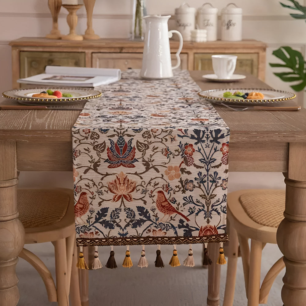 Viora Table Runner - Jacquard Floral and Bird Design, Elegant Tasselled Edges