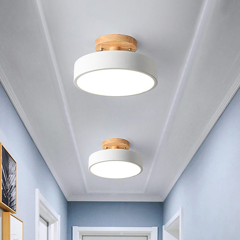Modern LED Ceiling Light 8-Inch Drum with Wood Accent for Hallways Bedrooms Living Rooms Semi-Flush Mount Metal Fixture Nordic Style
