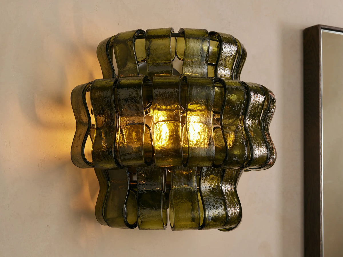 Textured Glass Wall Sconce Light Fixture with Curved Shade for Living Room Bedroom Dining Room | Hardwired 2-Bulb Accent Lighting