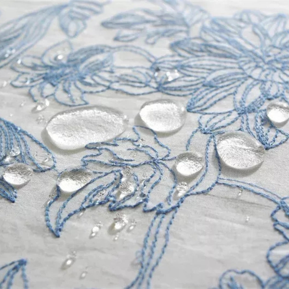 Delfina Lace Tablecloth - Blue Floral Cotton, Ruffled Edges