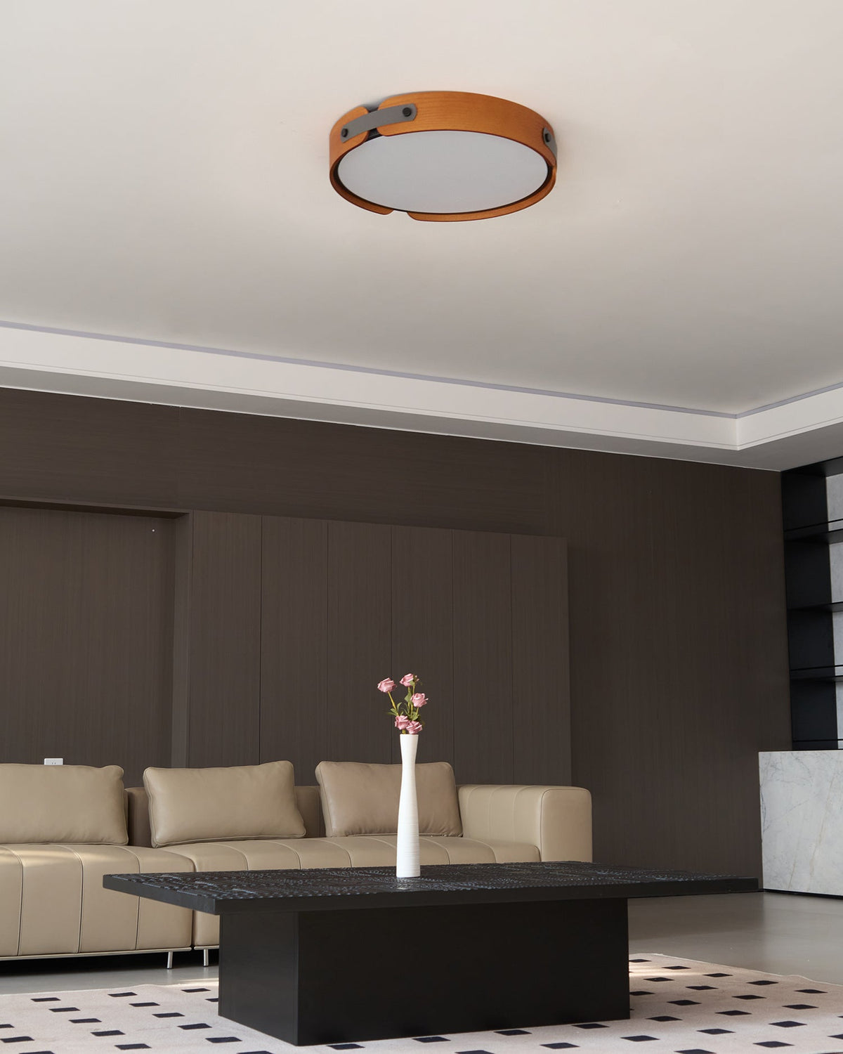 Flush Mount LED Wood Ceiling Light 16.5 in Wireless Dimmer Remote Control for Bedroom Bathroom Hallway Indoor Natural Walnut Finish Low Prof