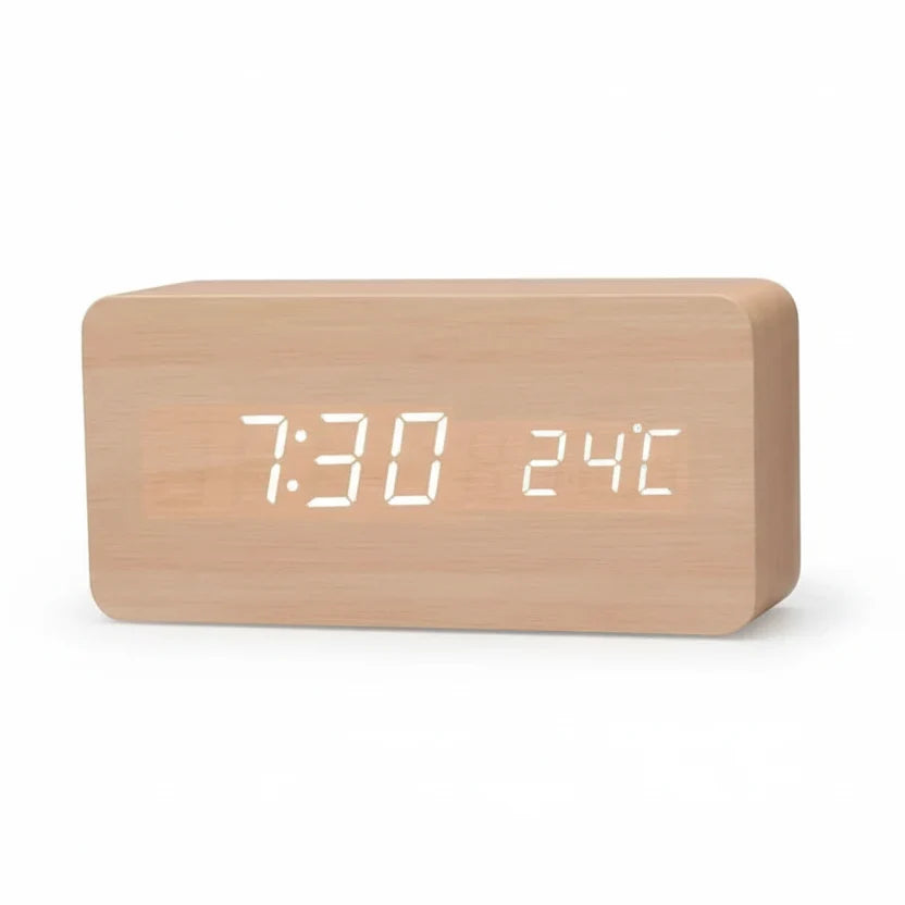 Digital Alarm Clock with Wood-Grain Finish – 3 Alarms, Temperature Display & Adjustable LED Brightness for Bedroom, Desk & Nightstand
