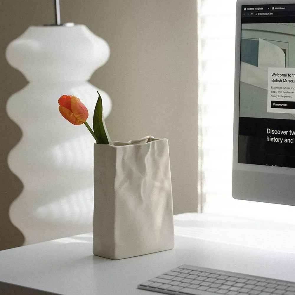 Artistic Ceramic Vase with Unique Paper Bag Design – Handmade Textured Decor