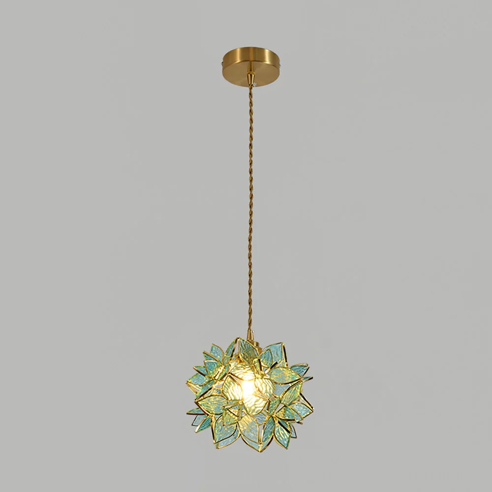 Glass Globe Ceiling Light with Floral Detail, 8-Inch Brass Hanging Fixture for Dining Room & Bedroom Ambient Lighting