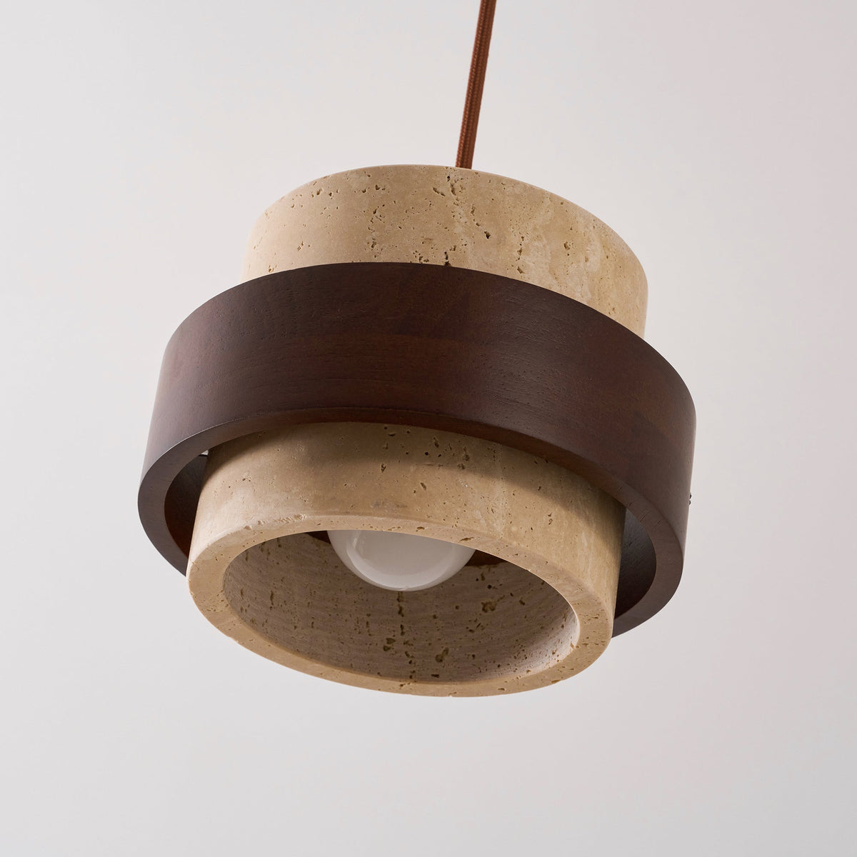 Hanging Lamp with Natural Stone Shade and Wood Trim for Dining Areas, Kitchens, and Islands – Adjustable Height Ceiling Fixture