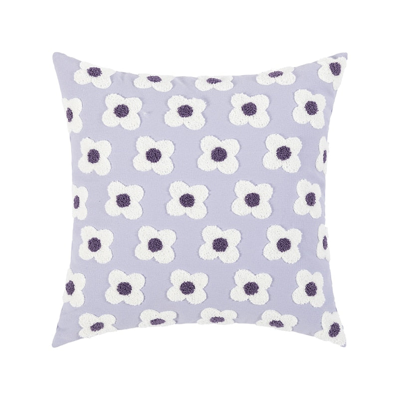 Floral Embroidered Throw Pillow Cover Cotton Daisy Stitch Sofa Cushion Case 18x18 or 12x20 Inch Hidden Zipper Lavender Ivory Bedroom Living