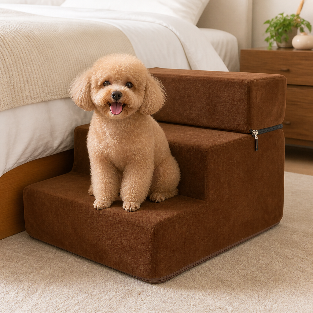 Ortekor Foldable Non-Slip Faux Fleece Pet Stairs (3-Step Removable Cover)