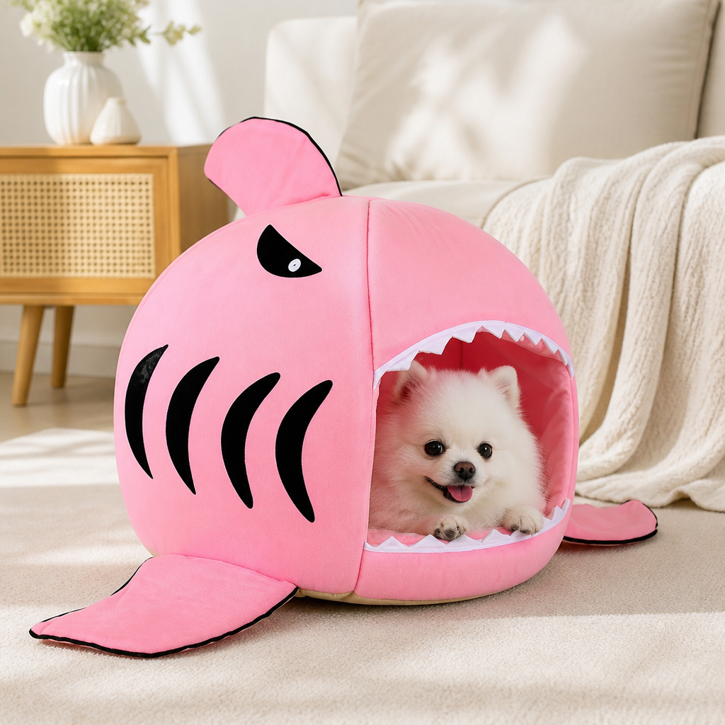Lit grotte en peluche requin à isolation thermique Ortekor (coussin détachable et lavable)