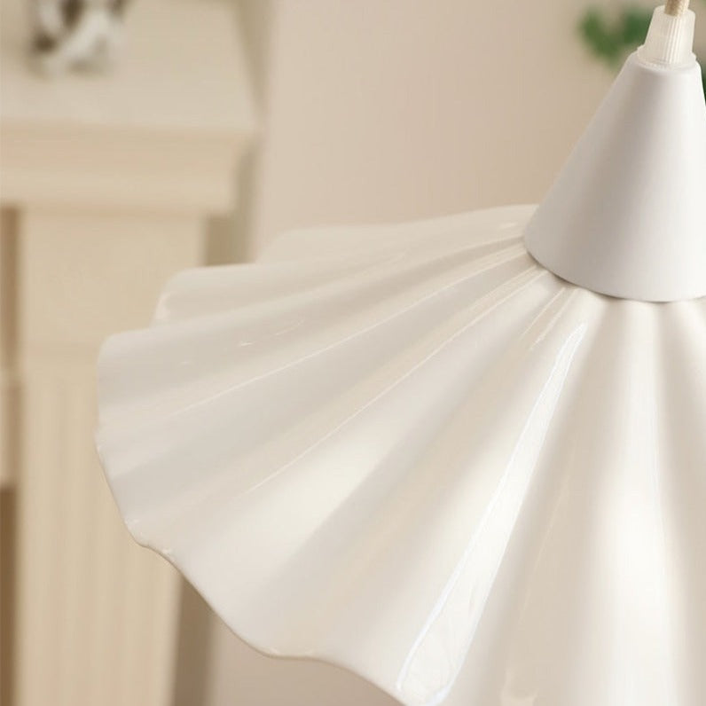 Elegant Pleated Flower Ceramic LED Pendant Light – White Glazed Finish