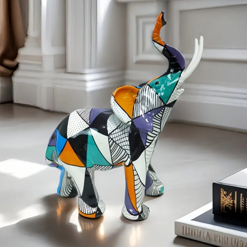 Elysia Elephant Figurine - Hand-Painted Resin, Geometric Design