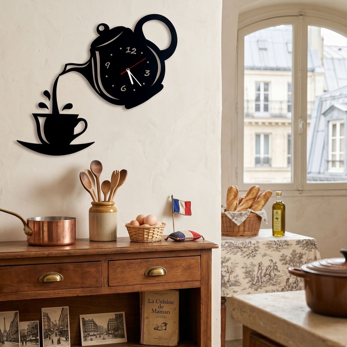 Horloge murale théière Marova - Acrylique miroir 3D, design à quartz silencieux