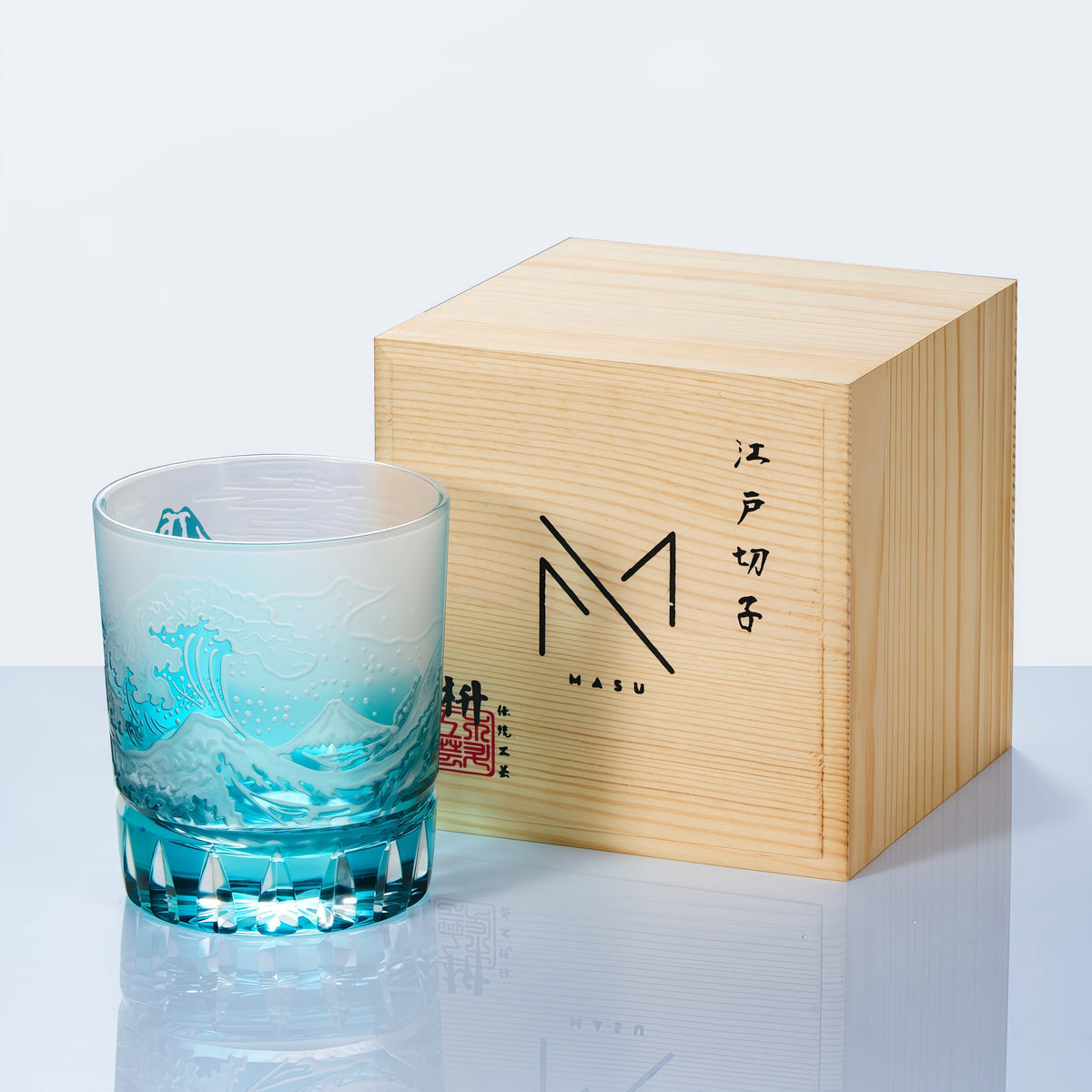 Japanese Wave Crystal Whisky Glass with Mt. Fuji Engraving in Golden or Blue Finish, Handcut Tumbler in Wooden Gift Box for Spirits and Bour