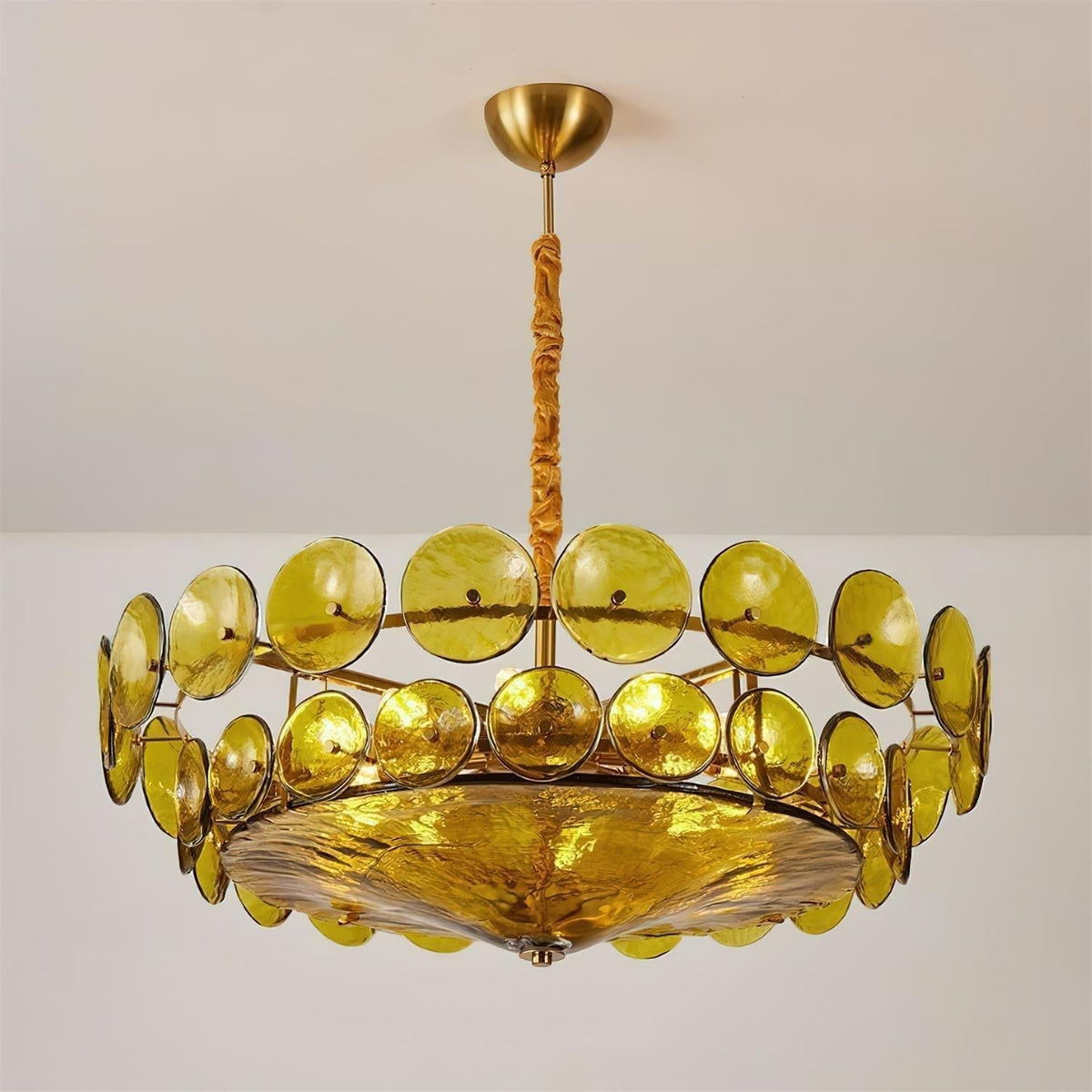 Lustre à disques de verre superposés avec hauteur réglable – Finition métallique chaleureuse pour salles à manger, salons et entrées
