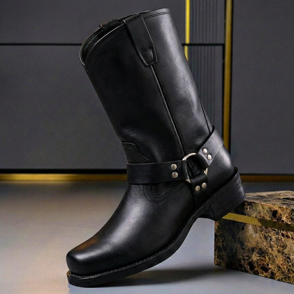 Men's Western Harness Boots with Metal Buckle Detail Vintage Cowboy Style Mid-Calf Leather for Casual Everyday Wear
