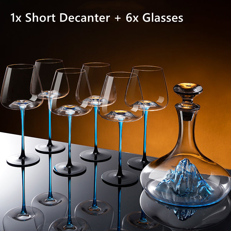 Hand-Painted Wine Glasses and Decanter Set with Cobalt Blue Accents for Burgundy and Red Wine