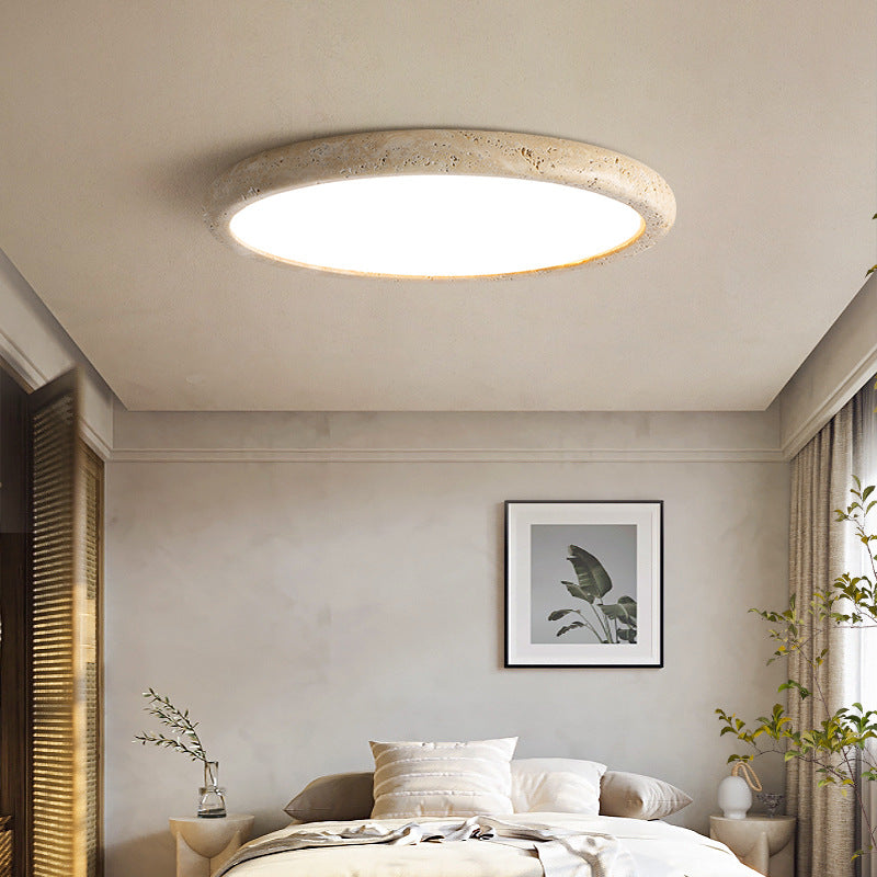 Plafonnier encastré en pierre ronde, 15 po de diamètre, LED chaude 3000K pour chambres et salles à manger, texture beige naturel, lampe de plafond câblée