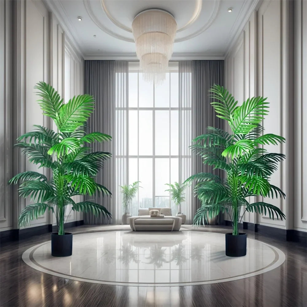 Faux Tropical Palm Plant 35-Inch Tall Duo Indoor Outdoor Green Foliage Living Room Entryway Corner Décor No-Water Maintenance-Free Greenery