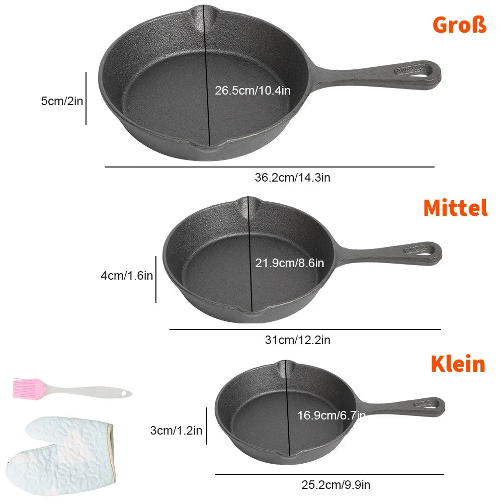 Skillet Trio Cast-Iron Cookware 6.3-Inch 7.9-Inch 10.2-Inch Uncoated Multi-Burner Stovetop Campfire Searing Frying Skillets for Induction Ga