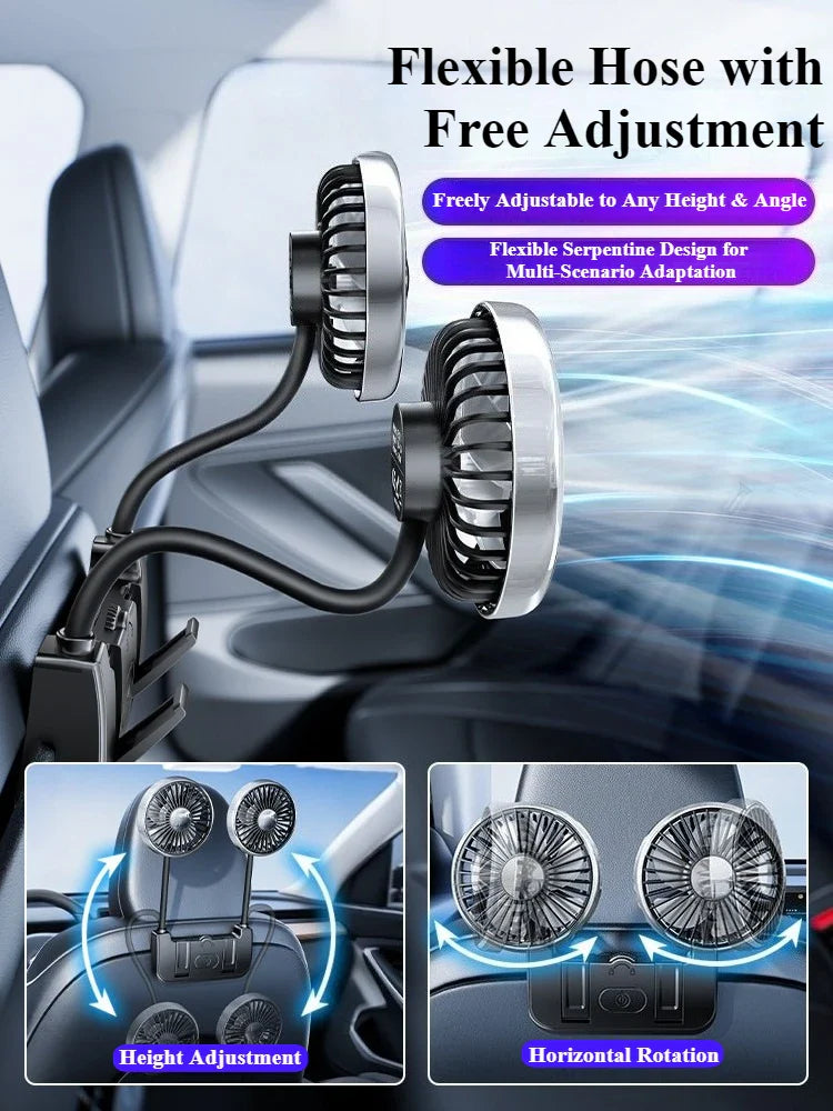 Ventilateur de voiture à double tête | Alimentation USB-C avec rotation à 360° | Flux d'air réglable pour le confort des passagers arrière