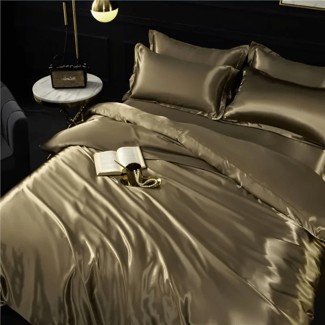 Parure de draps en soie premium, format Full, Queen, King, 22 mommes, doux et respirant, drap-housse, housse de couette et taies d'oreiller pour un confort toute l'année, régulation de la température