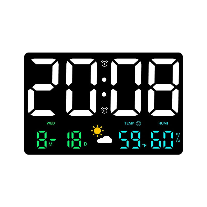 Réveil LED avec affichage météo 9,8 pouces, moniteur de température et d'humidité, télécommande, horloge numérique murale ou de bureau pour chambre et bureau