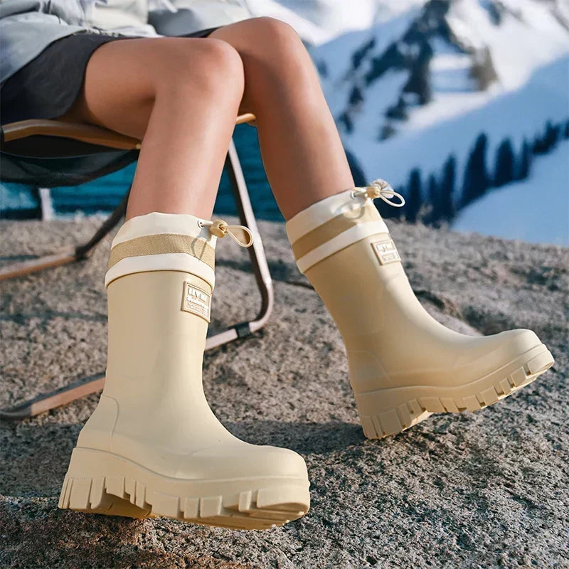 Women's Waterproof Rain Boots with Non-Slip Sole – Vintage-Inspired Rubber Boots for Fall & Winter, Mid-Calf & Tall Styles