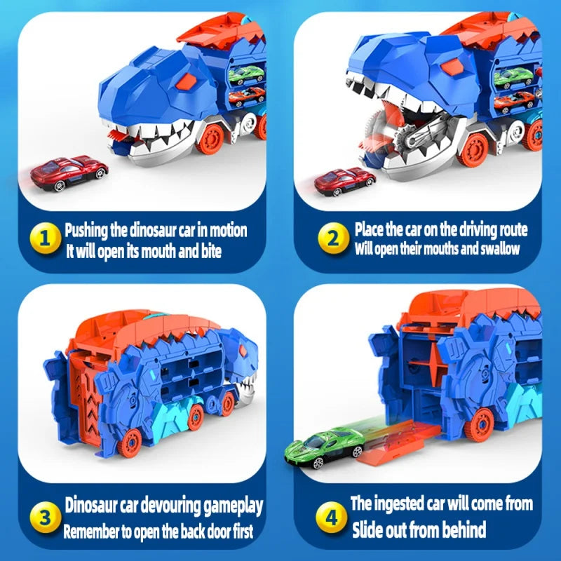 Dinosaur Car Launcher Storage Set with Folding Track ABS Plastic Toy for Kids Ages 3+ Boys Girls Playroom Bedroom Transforming Vehicle Racer