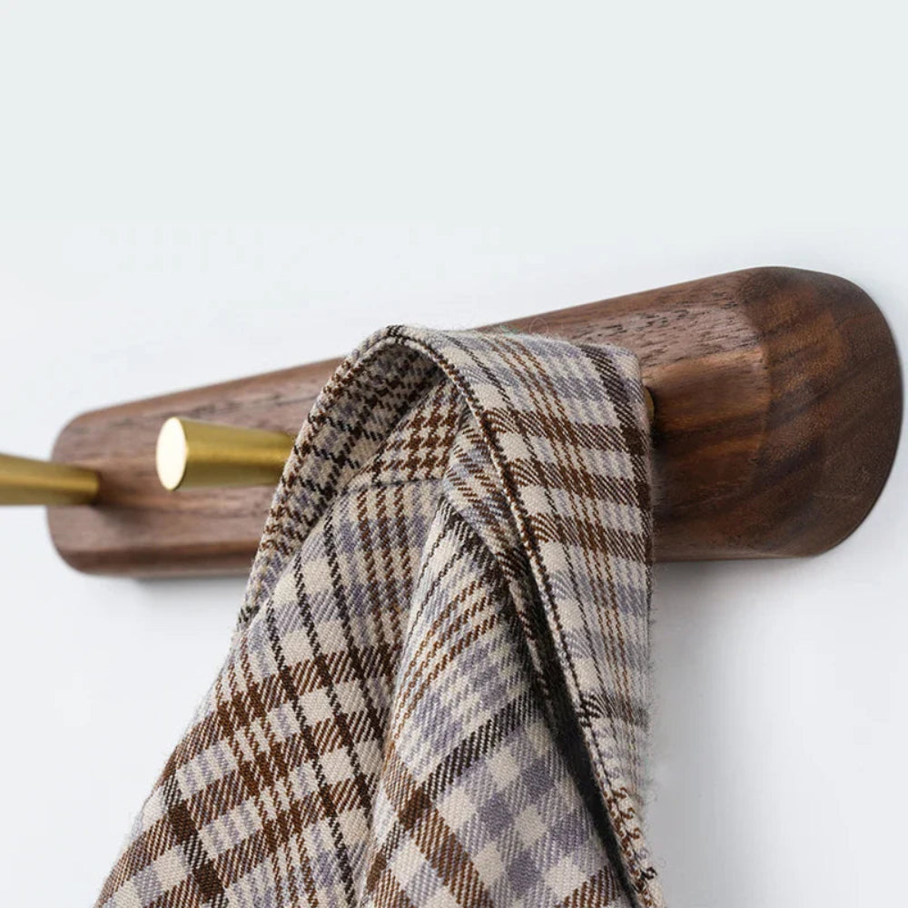 Wren Wall Hooks - Natural Wood with Brass Accents, Space-Saving Coat and Key Organizer