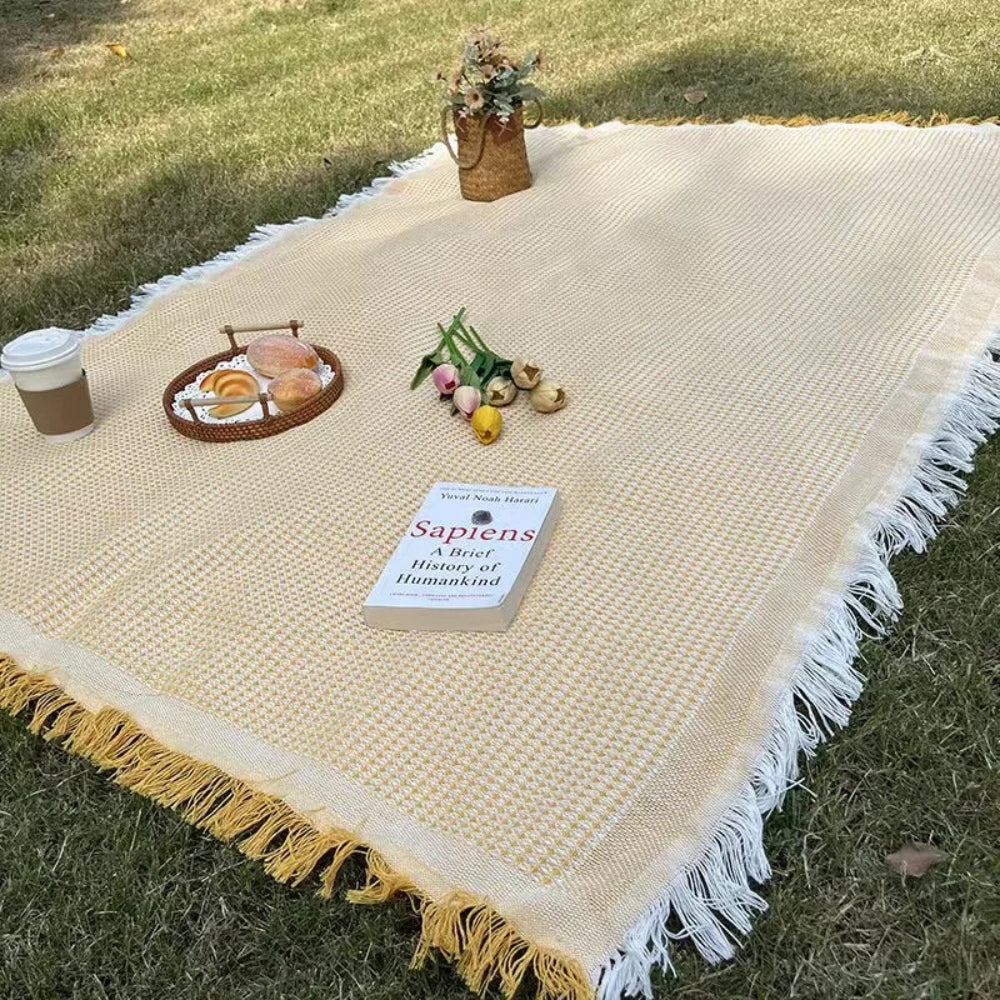 Tasselora | Couverture de pique-nique tissée avec pompons décoratifs pour un confort en extérieur
