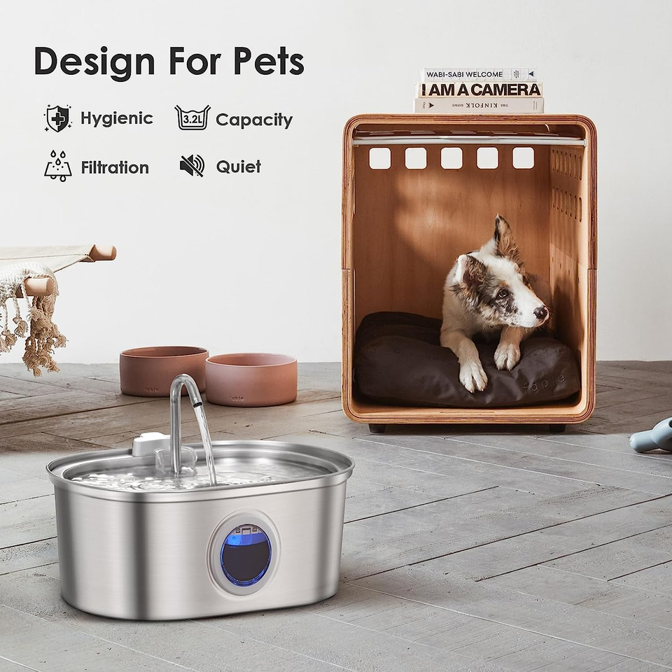 Stainless Steel Pet Water Fountain with Visible Level Window for Cats & Dogs – 0.85 Gallon Circulating Drinking Bowl with Dual Filter