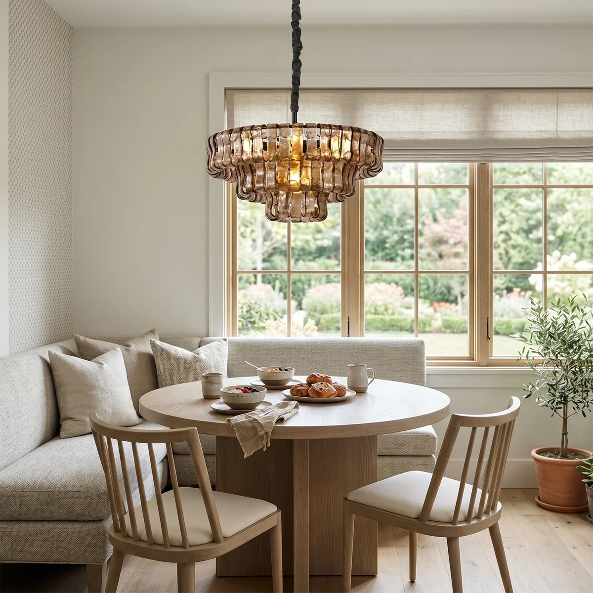 Textured Glass Round Chandelier with Curved Panels in Metallic Finish for Dining Room & Living Room | 24 to 60 Inch