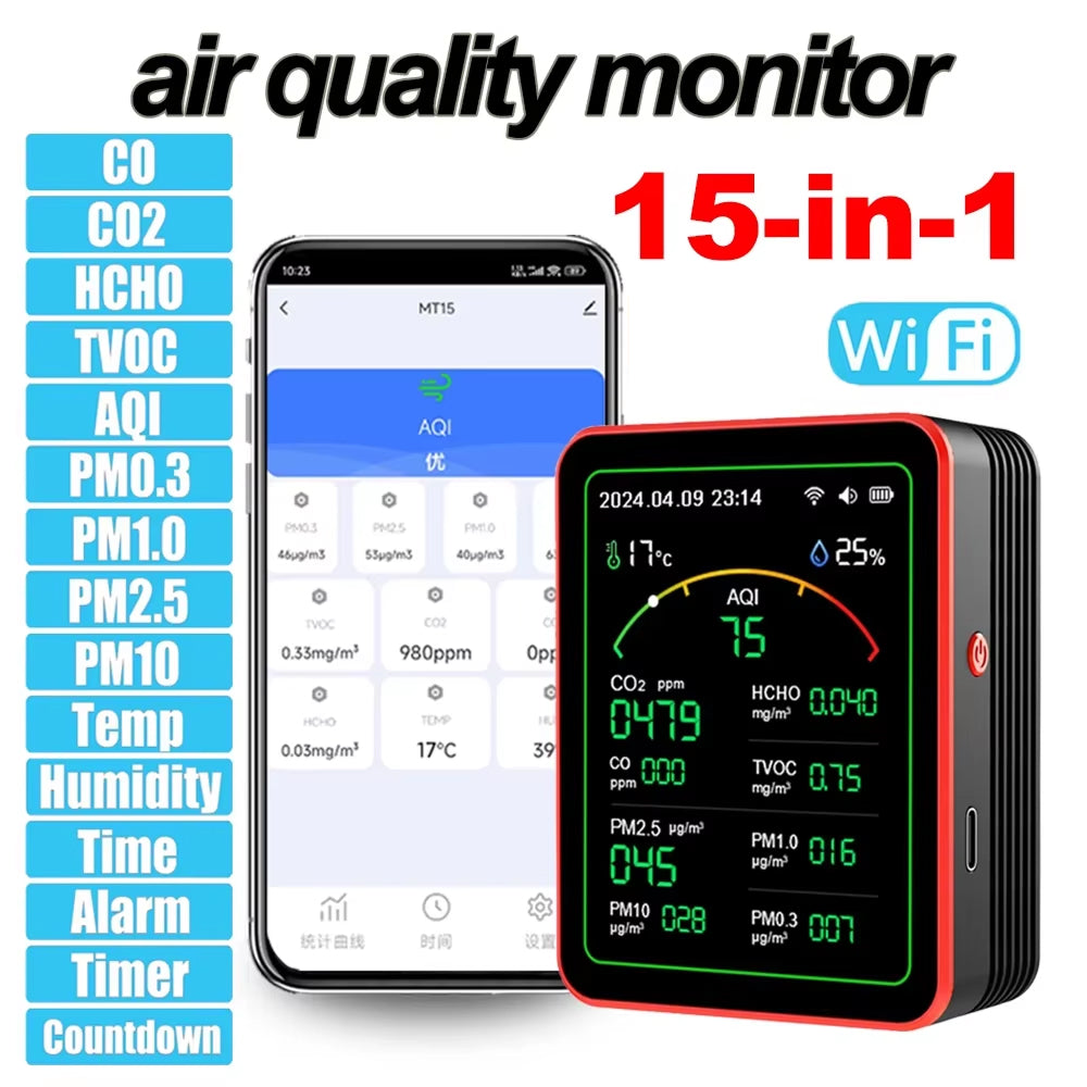 Moniteur de qualité de l'air intérieur 15-en-1 avec WiFi – Détecteur de CO2, COV, formaldéhyde et PM2,5 en temps réel pour la maison, le bureau et l'automatisation intelligente