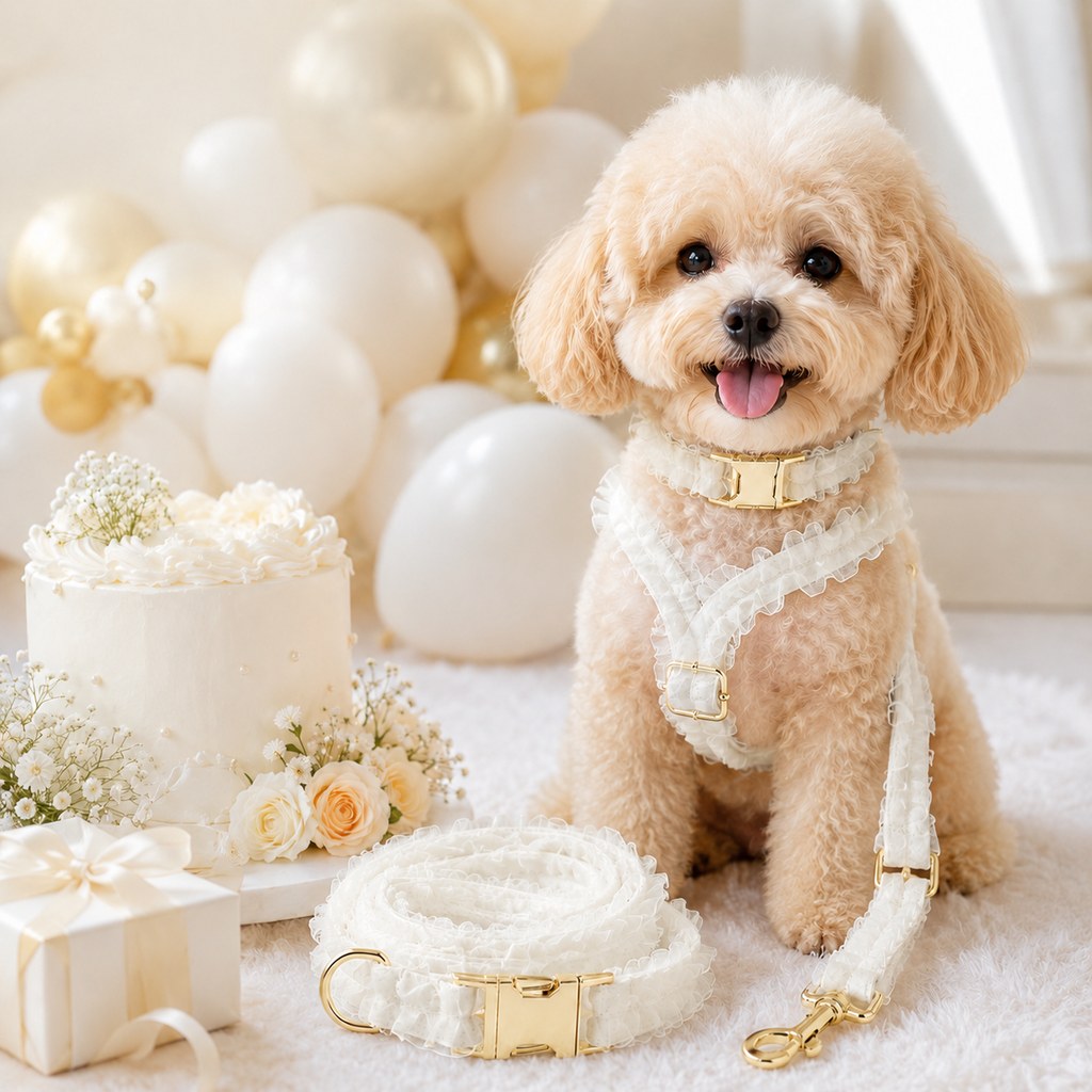 Ortekor Boutique Lace Dog Harness, Collar & Leash Set for Birthday Photos & Daily Walks - 3-Piece Ruffle Walking Set