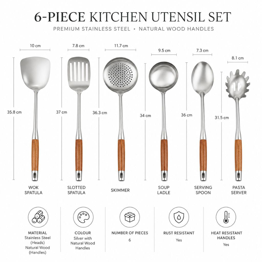 Six-Piece Cooking Utensil Set — Stainless Steel with Wood Handles for Everyday Kitchen Use