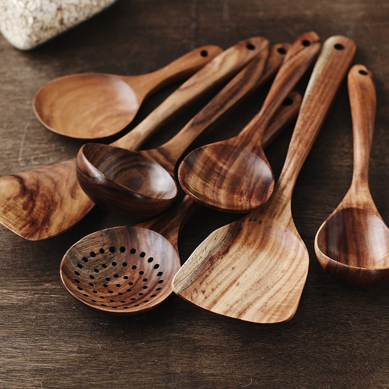 EARTHCRAFT – Ensemble d'ustensiles de cuisine en teck haut de gamme avec spatule et cuillères de service pour une cuisine naturelle