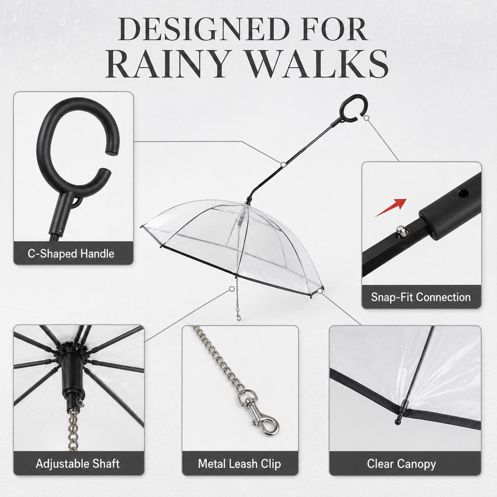Ortekor Clear Dog Umbrella with Built-In Leash for Rainy Walks & Potty Breaks - Helps Reduce Wet-Coat Cleanup for Small Dogs