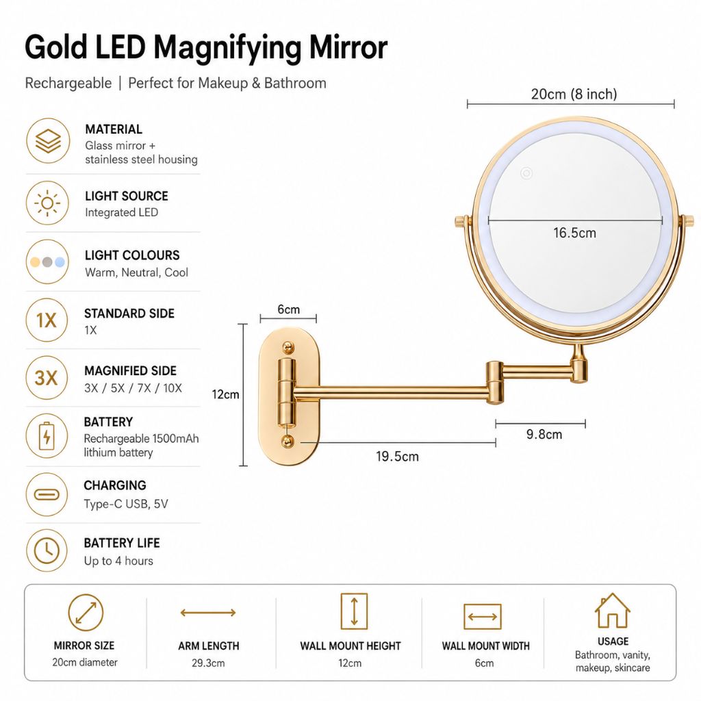 Miroir de maquillage mural lumineux, miroir de courtoisie double face rechargeable, pivotant à 360°, grossissement réglable, commande tactile, 3 modes d'éclairage